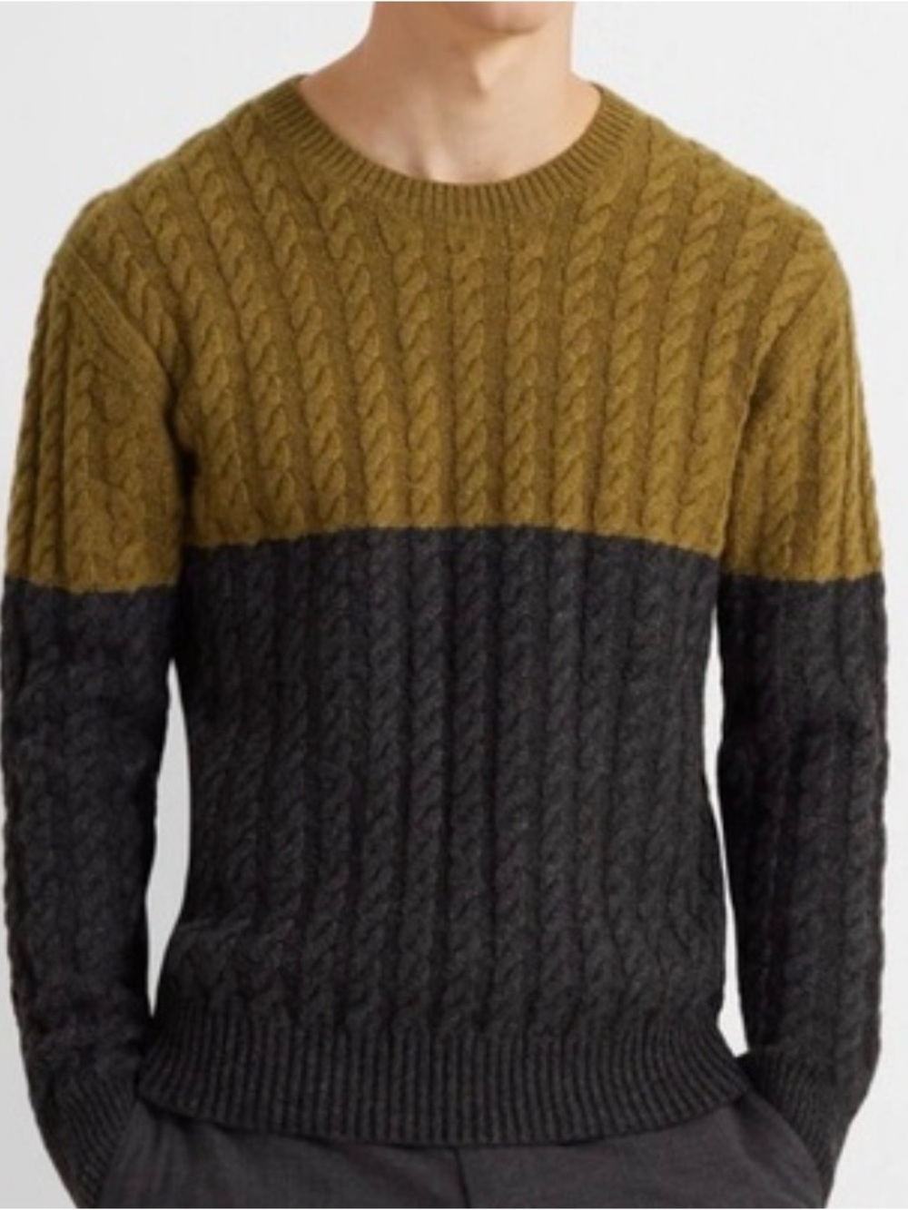 Club Monaco Men’s Cable Knit Sweater Lambs Wool Color Block Olive Charcoal XXL